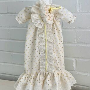 Classic Vintage Yellow And White Tiny Flower Print Eyelet Baby Dress With Bonnet